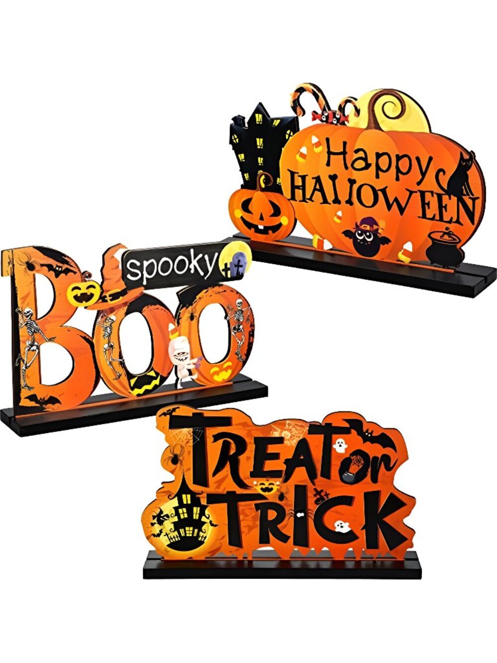 3 Pcs Halloween Decor Indoor Wood Table Sign, Boo